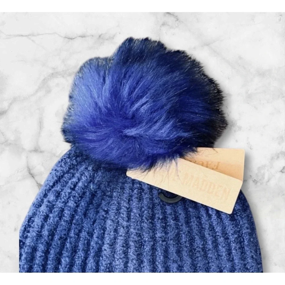 Steve Madden Woman's Cloud Knit Faux Fur Pom Pom Beanie Hat Cobalt Blue One Size